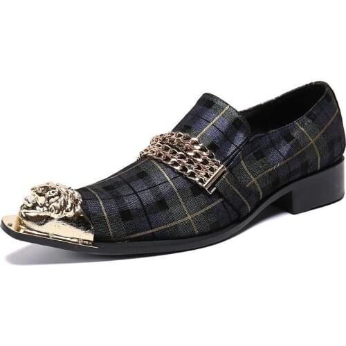 Summer New Casual Mens Classic Fashion Shoes Pointed Metal Chain Personality Cowhide Leather Crocodile Pattern Mens Shoes