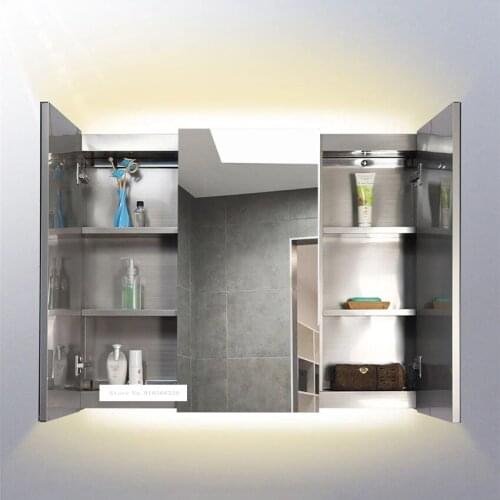 Stainless Steel Silver Mirror Cabinet Toilet Wall Mounted Cabinet Bathroom Storage Cabinet With Light 220V/110V 12W