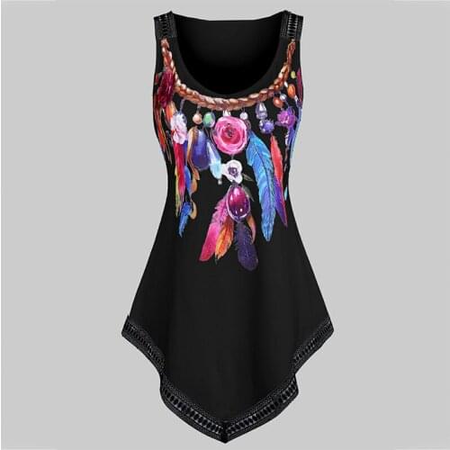2021 Summer Fashion T-shirt Women Harajuku Tops Women Feather Print Long Ladies Top The L-shaped Sleeveless T Shirt Tank Top