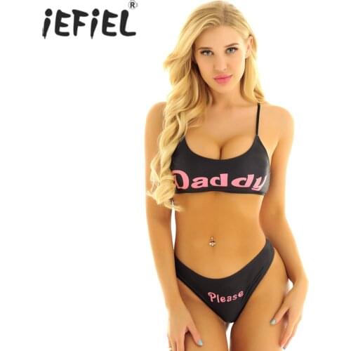 IEFiEL Womens Bikinis Set Yes Daddy Printed Mini Camisole Bra Crop Tops with Briefs Anime Cosplay Costumes Bikini Femme Swimwear