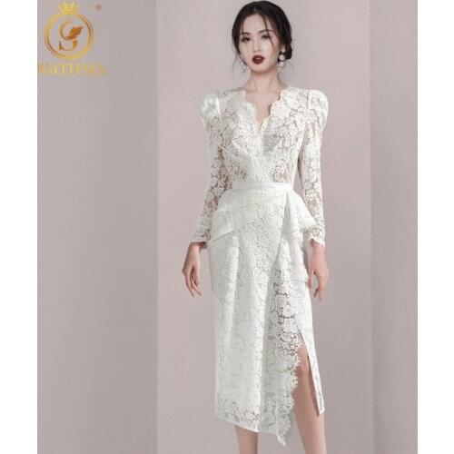 SMTHMA High-End New Autumn Female White Ruffle Lace Dress Sexy V Neck Long Sleeves Vacation Holiday Women Clothes Vestido