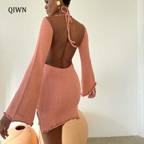 2021 Fall Halter Sexy V Neck Backless Mini Dress Womens Clothing Birthday Elegant Knit Flare Sleeve Dresses Skinny