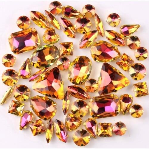 Gold claw settings 50pcs/bag shapes mix Yellow rainbow glass crystal sew on rhinestone garments shoes bags diy trim