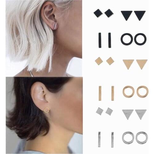 4 Pair/Set Women Geometric Ear Studs Sets Gold Black Silver Color Earrings Girls Bar Circle Square Triangle Ring Female Jewelry