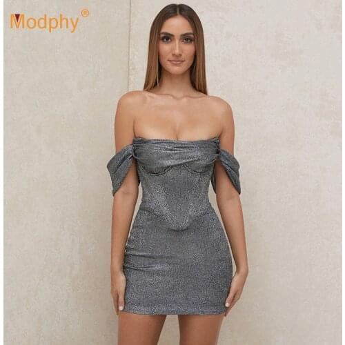 Free Shipping 2021 Summer New Shiny Gray Dress Women Sexy Strapless Bodycon Mini Dress Club Evening Party Runway Vestidos