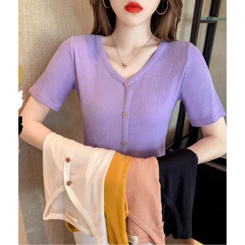 GGRIGHT Button V-Neck T Shirt Women Cotton 2021 Fashion Summer Crop Top Short Sleeve Korean Style Tshirt Woman Tee Shirt Femme