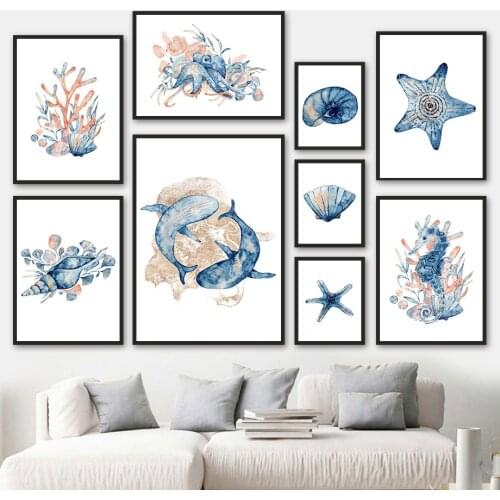 Sea Whale Coral Starfish Shell Marine Life Wall Art Canvas Painting Nordic Posters And Prints Wall Pictures Baby Kids Room Decor