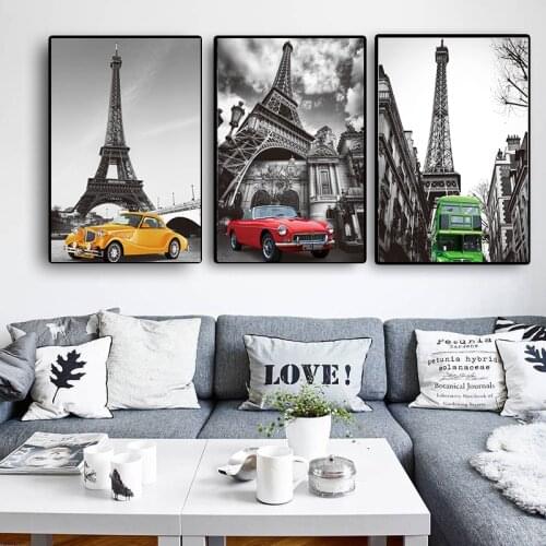 Modern City View Vintage Car Canvas Painting Print Landscape of the Eiffel Tower in Paris Poster Wall Picture Living Room Home D
