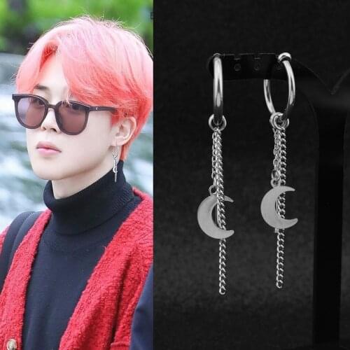 Korean Fashio Moon Tassel chain 1Pair silver color Tassel JIMIN Stud Earrings Pendant stainless steel Earring KPOP DNA