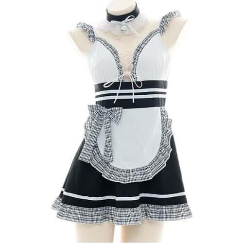 Maid Cosplay Costume Sexy Erotic Lingerie Black and White Plaid Cute Underwear Dress Women Hollow Out Role Play Costume