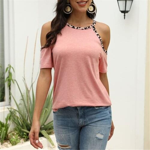 Summer Leopard T-shirt Summer Cotton Short Sleeve Top Casual Tee Sexy T Shirt Hollow Out Top Women Cold-shoulder Tops Tee