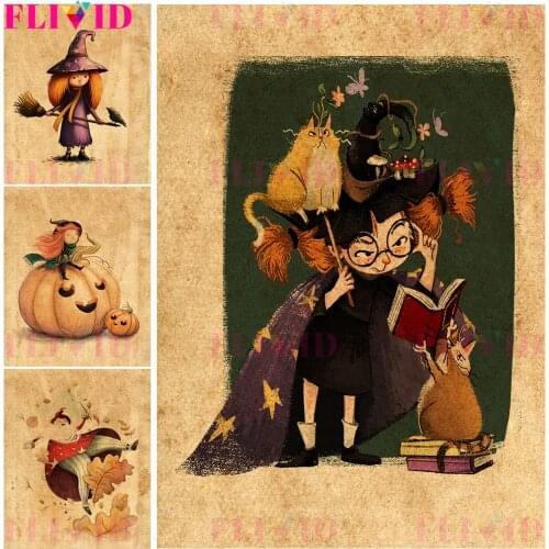 The Little Pumpkin Witch And The Wizard Of Autumn Vintage Decorative Painting Poster And Print For Living Room Decor Unframed
