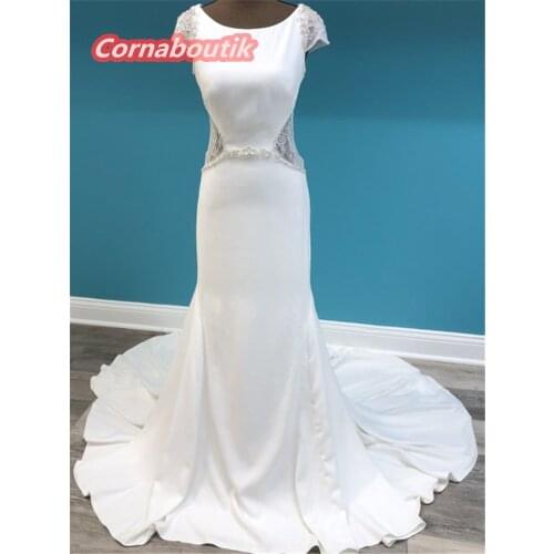 Moden Sheath Crepe Lace Mermaide Wedding Dress Short Sleeves Bridal Gowns Illusion Back Vestidos De Noiva Custom Made High Neck