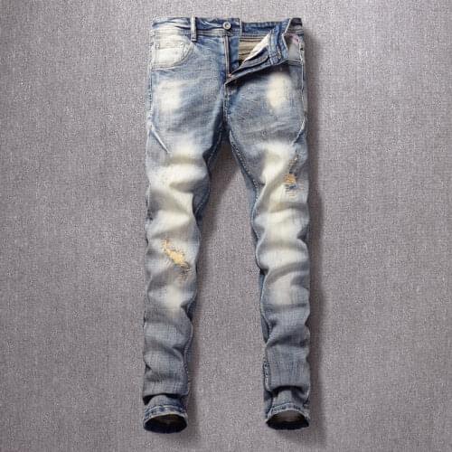 Italian Style Fashion Men Jeans High Quality Elastic Cotton Slim Fit Retro Washed Ripped Jeans Men Vintage Designer Denim Pants