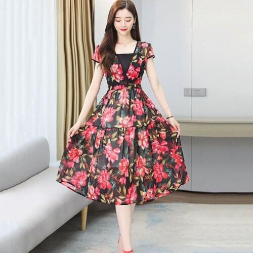 Fashion V-neck Floral Summer Dress For Women 2021 New Temperament Waist Plus Size Casual Ladies Short Sleeve Vestidos aq525