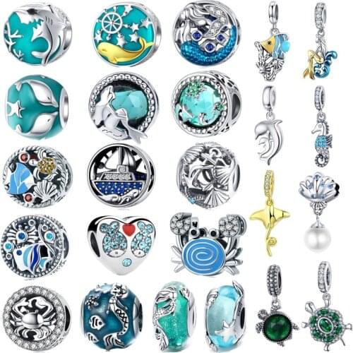 Original S925 Sterling Silver fit Brand Bracelet Ocean Fish Crab Mermaid Shell Beads Blue CZ Pearl Turtle Shark Charms