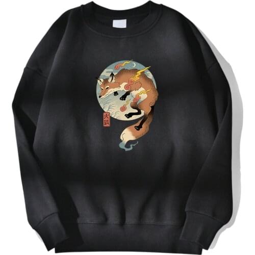 Sweatshirt Fire Cartoon Fox Japanese Printing Mens Tracksuits Comfortable Retro Mens Sweatshirts Streetwear Casual Male Hoodies
