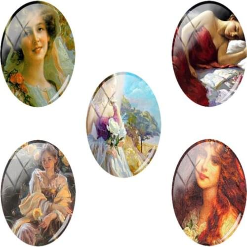 TAFREE Oval Shaped 18x25 mm Exquisite oil painting figure pattern s/lot Glass Cabochon Dome Flat Back Jewelry Findings PP144