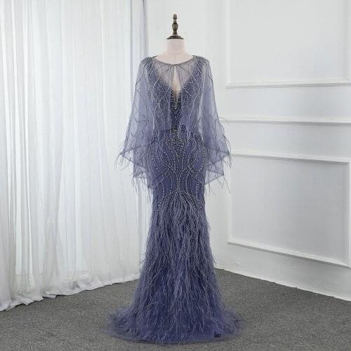 YQLNNE 2020 Luxury Blue Feather Long Evening Dresses with Shawl V Neck Rhinestones Tulle Mermaid Evening Gowns Formal Dress