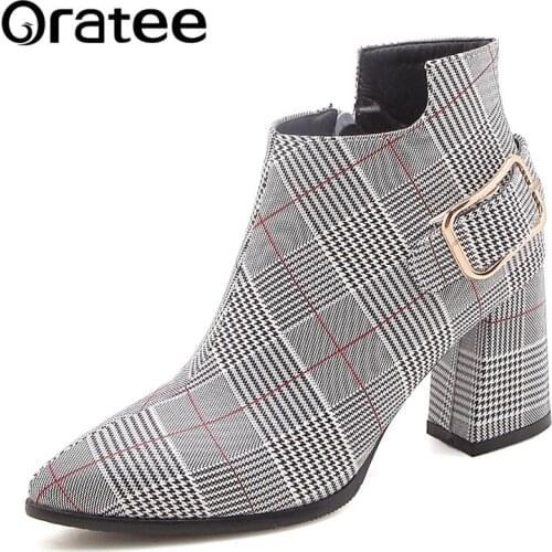 New Plus size 33-43 Women Boots Fashion Plaid Pointed Toe High Heels Womens Shoes Sexy Autumn Winter Ankle Boots female