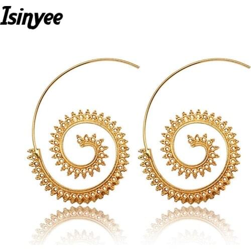 ISINYEE Fashion Punk Swirl Hoop Earrings For Women Small Round Screw Earring Antique Gold Brincos Tibetan Silver Indian Jewelry