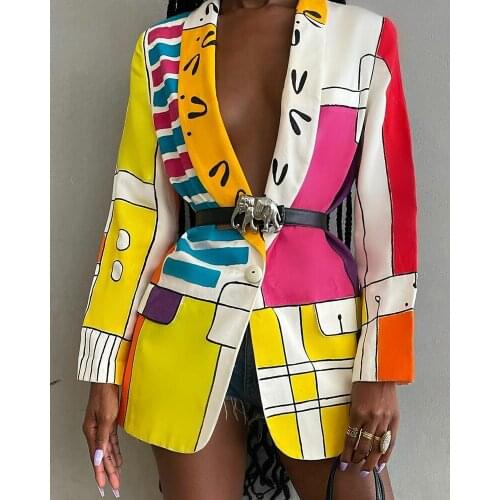 Women Shawl Lapel Long Sleeve Abstract Graffiti Printed Casual Blazer Top (No Belt )