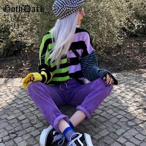 Goth Dark Vintage Gothic Colorful Striped Sweaters E-Girl Harajuku Punk Fashion Color Blocking Aesthetic Pullovers For Women