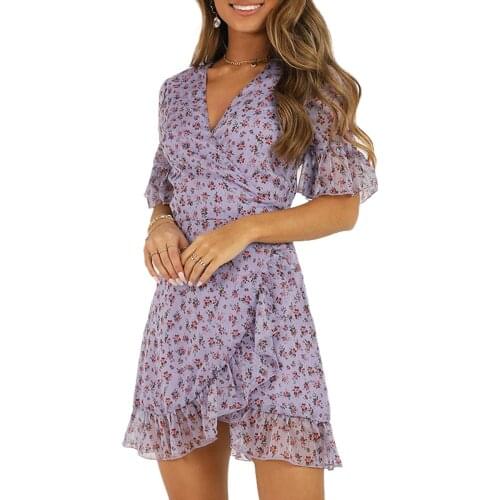 Hirigin Women Lilac Floral Shawl Dress Elegant Summer Flare Sleeve Boho Sexy Sun Dress V Neck Ladies Clothes Vestido
