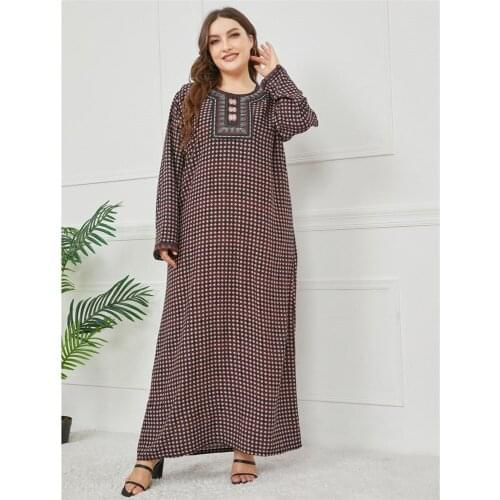Muslim Women Kaftan Abaya Plus Size Embroidery Print Loose Long Maxi Dress Vintage Boho Caftan Islamic Clothing Arab Robe Gown