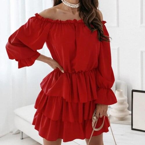 Women Off Shoulder Ruffle Autumn Dress Slash Neck Elegant Office Female Dress Solid Casual Long Sleeve 2021 Spring Vestidos New