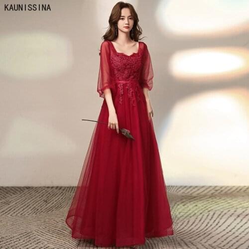 KAUNISSINA Long Evening Dresses Half Sleeve Square Collar Formal Dress Women Appliques A-Line Elegant Tulle Party Prom Vestidos