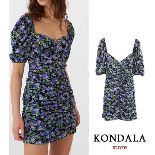 Vintage Women za dress sexy floral print puff sleeve sheath dress ropa mujer square collar mini dresses female draped vestidos