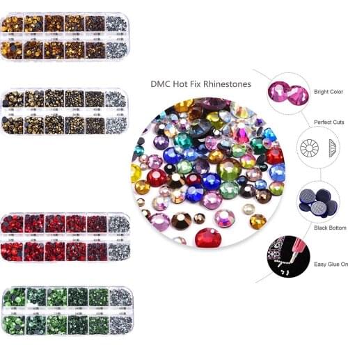12 Grids Mix Color Flatback Adhesive Glitter Crystals Strass Fabric Glass Beads Hotfix Rhinestones for clothes Garment Gems
