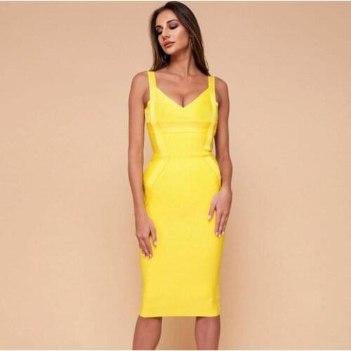 Fashion White Yellow Red Green Sky Blue Khaki Black Bandage Dress Summer Spaghetti Strap Bodycon Midi Sexy Club Party Dress