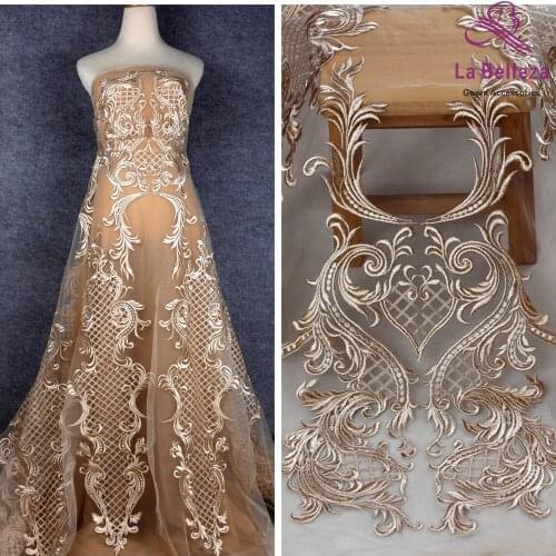 La Belleza beige,Off white/Black polyester on mesh heavy embroidery wedding dress lace fabric 1 yard 51" width