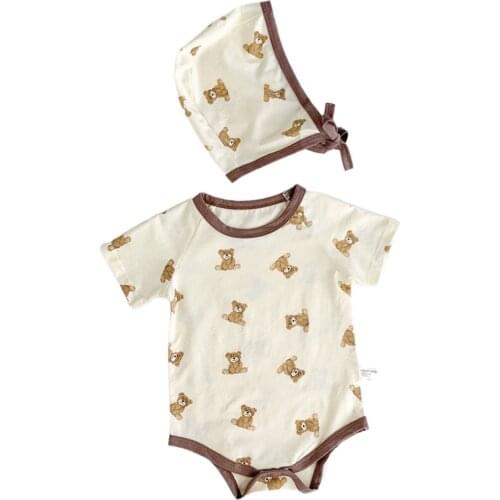 2021 Toddle Infant Baby Clothes Babys Casual Short Sleeve Romper Cartoon Little Bear Printed Triangle Jumpsuits with Cap
