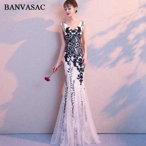 BANVASAC 2019 Deep V Neck Sequined Appliques Mermaid Long Evening Dresses Elegant Party Tulle Backless Prom Gowns