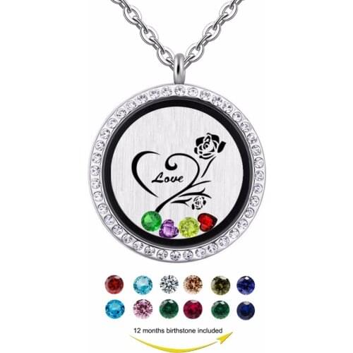 Rose flower love forever floating locket Jewelry,Gift for her open and close birthstones charm pendant necklace jewelry
