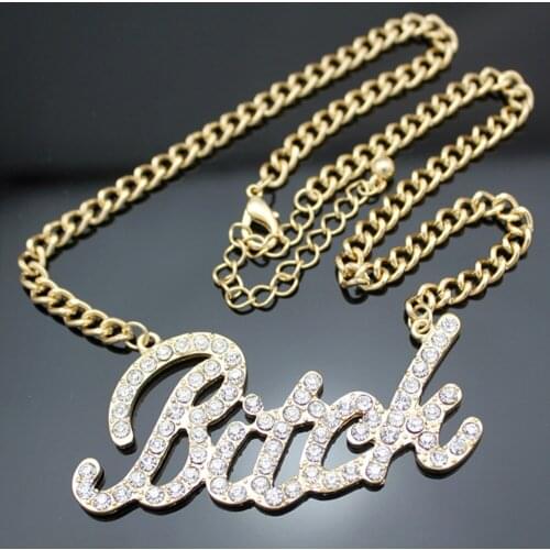 Celebrity Urban Gold Bling Bitch Word Crystal Stones Pendant Chain Choker Collar Collier Statement Necklace Boho Jewelry Bijoux