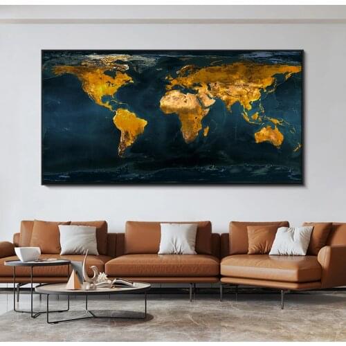 Golden World Map Pictures Posters and Prints Wall Art Canvas Paintings for Living Room Decoration Cuadros Home Decorative Arts