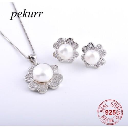 Pekurr 925 Sterling Silver Zircon Heart Clover Freshwater Natural Pearl Earrings Necklace Sets For Women Flower Pendant Jewelry