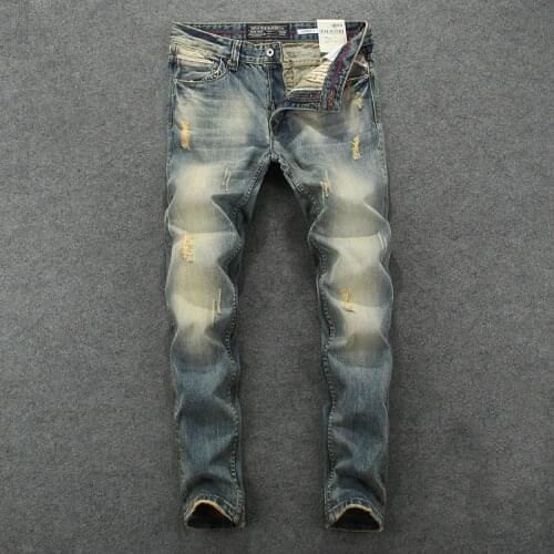 Italian Style Fashion Men Jeans Retro Yellow Blue Slim Fit Ripped Jeans For Men Distressed Vintage Designer Cotton Denim Pants