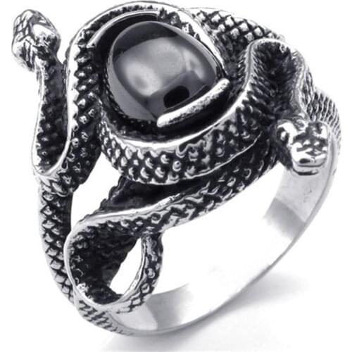 Retro Exaggerated Double Snake Ring Black Zircon Silver Plated Animal Ring Mens and Womens Punk Hip Hop Style Jewelry