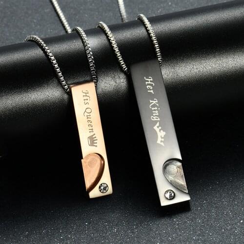 King Queen Heart Pendant Couple Necklace Women Men Stainless Steel Gift Jewelry Valentines Day Black Rose Gold Color Wholesale