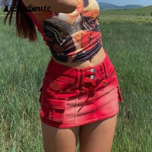 SUCHCUTE Pockets Casual Women Denim Skirts Hight Waist Harajuku Female Sexy Mini Skirts Vintage Fashion Sexy Streetwear Outfits