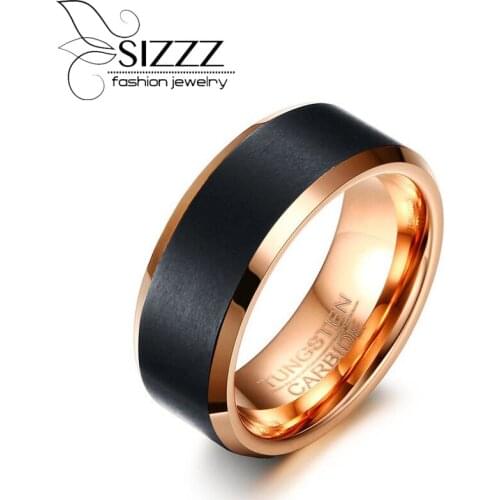 SIZZZ Tungsten Ring 8MM Wide Tungsten Steel Ring Black&Rose Gold Mens Ring Jewelry
