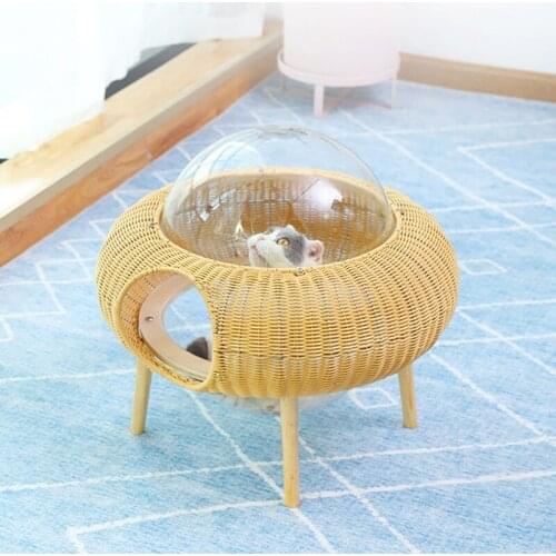Rattan Cat Nest Fully Enclosed Four Seasons Universal Removable and Washable Space Capsule Cat House Villa