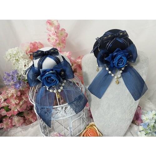 Lolita Cosplay Palace Style retro elegant Blue Small Top hat European style Lace Bowknot Rose Tea Party gorgeous flat Sun hat
