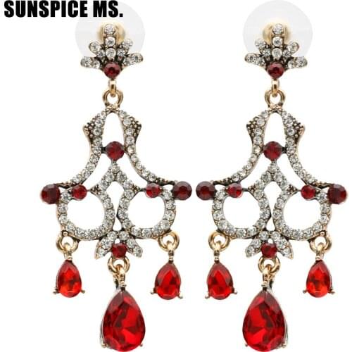 Glittering Indian Wedding Dangle Earrings For Women Vintage Turkish Crystal Ethnic Jewelry Long Drop Water Hollow Party Earring