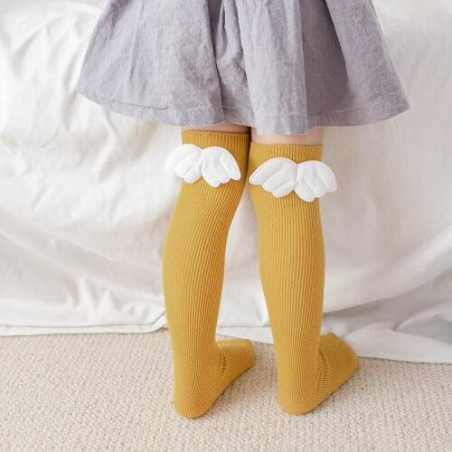 1-8Y Baby Girls Angel Wings Socks，Solid Color Cotton Knee High Socks Long Tube Socks Autumn Winter Children’s Kids Stockings